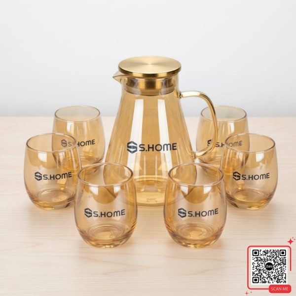 Bộ Bình Cốc Thủy Tinh In Logo SHome 3 Bộ cốc thủy tinh SHome làm quà tặng doanh nghiệp