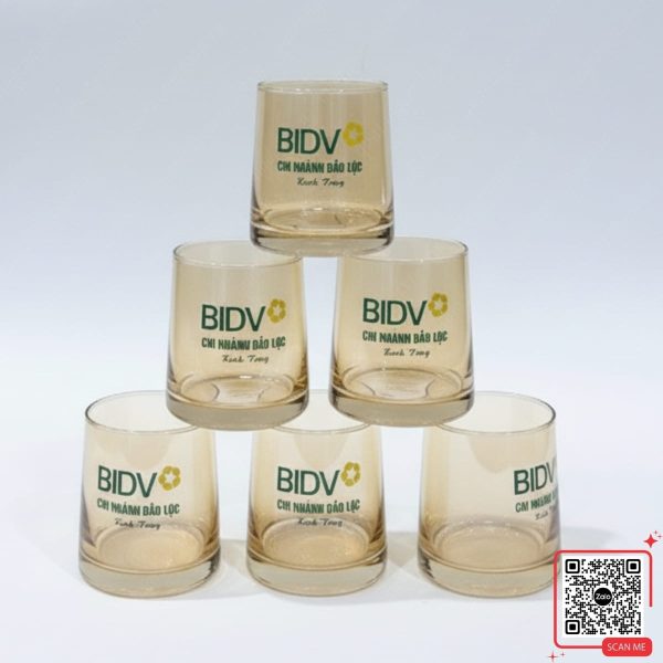 Bình Cốc Thủy Tinh In Logo BIDV Chi Nhánh Bảo Lộc 4 Cốc thủy tinh màu hổ phách in logo BIDV