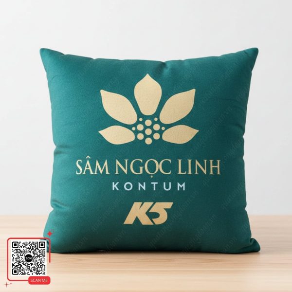 Gối Tựa Lưng In Logo Công Ty Sâm Ngọc Linh Kontum K5 3 Gối vuông nhung xanh ngọc logo Sâm Ngọc Linh K5 Kontum