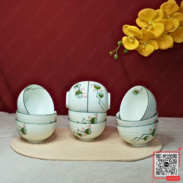 Bộ 6 Bát Bát Tràng Họa Tiết Đài Sen Xanh 6 Set 10 bát Bát Tràng men ngà họa tiết sen