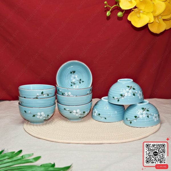 Bộ 6 Bát Cơm Men Ngọc Họa Tiết Hoa Đào Trắng 5 Set 10 bát gốm sứ men ngọc vẽ tay hoa đào
