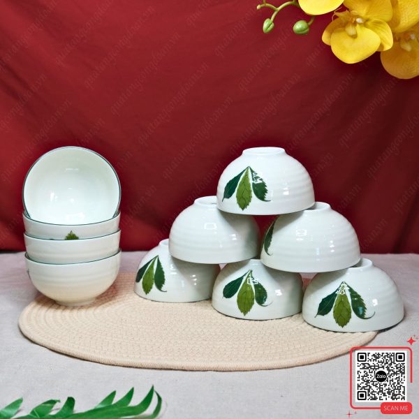 Bộ 6 Bát Men Kem Họa Tiết Lá Xương Rồng 3 Set 6 bát gốm sứ Bát Tràng men kem họa tiết lá xương rồng