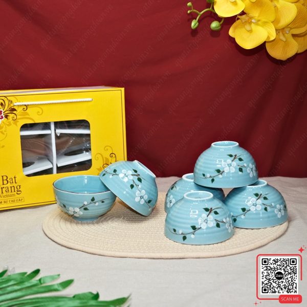 Bộ 6 Bát Cơm Men Ngọc Họa Tiết Hoa Đào Trắng 3 set 6 bát men ngọc hoa đào trắng xanh pastel