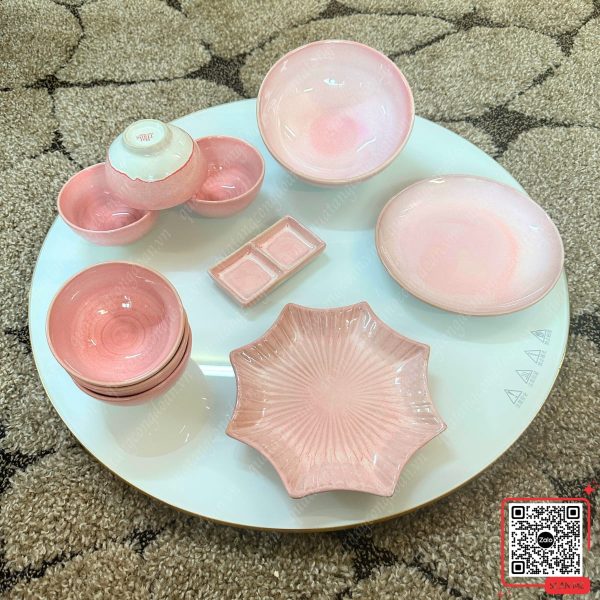 Bộ Bát Đĩa Quà Tặng 20/10 Cho Công Nhân 20 Bộ 10 món bát đĩa Bát Tràng men hỏa biến màu hồng