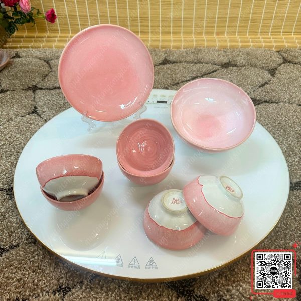 Bộ Bát Đĩa Quà Tặng 20/10 Cho Công Nhân 19 Bộ 10 món bát đĩa Bát Tràng men hồng anh đào