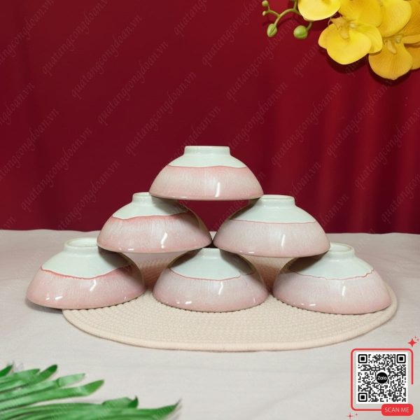 Bộ 6 Bát Bát Tràng Men Hỏa Biến Màu Hồng 4 Bộ bát con Bát Tràng men hỏa biến màu hồng