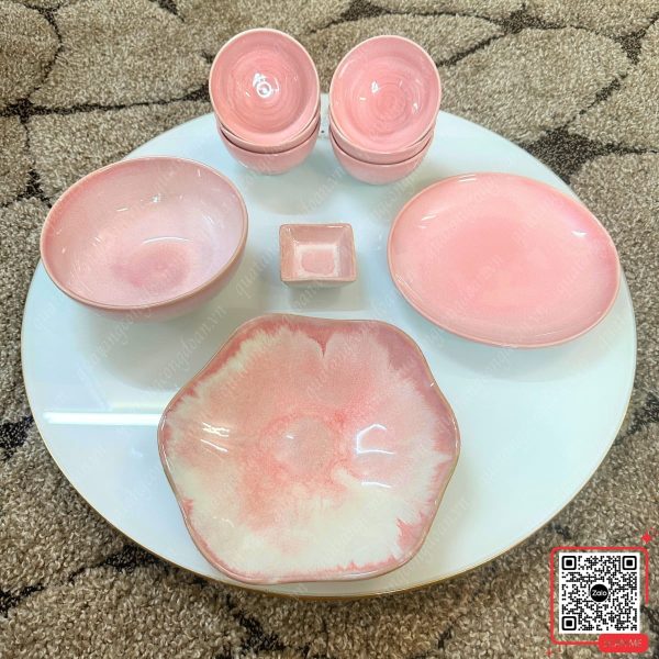 Bộ Bát Đĩa Quà Tặng 20/10 Cho Công Nhân 13 Set 10 món bát đĩa màu hồng men hỏa biến Bát Tràng