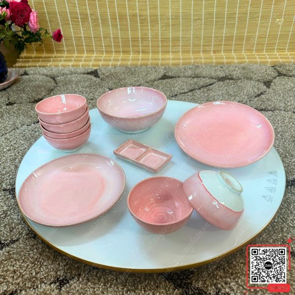 Bộ Bát Đĩa Quà Tặng 20/10 Cho Công Nhân 12 Set 10 món bát đĩa men hỏa biến Bát Tràng màu hồng