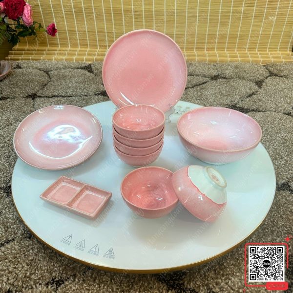 Bộ Bát Đĩa Quà Tặng 20/10 Cho Công Nhân 11 Set 10 món bát đĩa men hỏa biến màu hồng