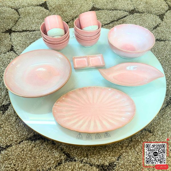 Bộ Bát Đĩa Quà Tặng 20/10 Cho Công Nhân 5 Set 13 món bát đĩa màu hồng men hỏa biến Bát Tràng