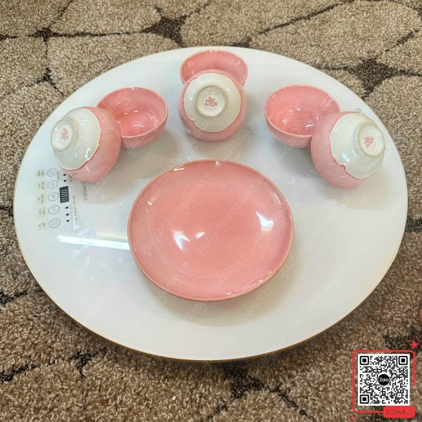 Bộ Bát Đĩa Quà Tặng 20/10 Cho Công Nhân 17 Set 7 món bát đĩa màu hồng men hỏa biến Bát Tràng