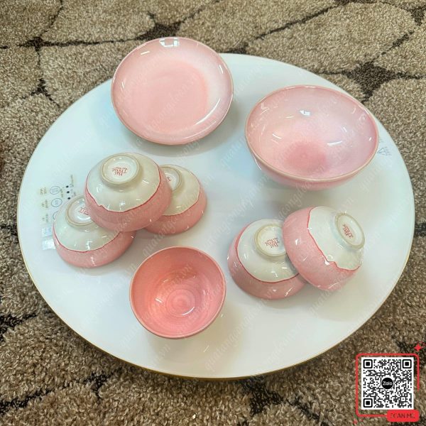 Bộ Bát Đĩa Quà Tặng 20/10 Cho Công Nhân 16 Set 8 món bát đĩa màu hồng men hỏa biến Bát Tràng