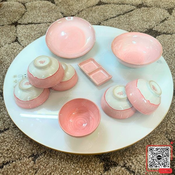 Bộ Bát Đĩa Quà Tặng 20/10 Cho Công Nhân 15 Set 9 món bát đĩa màu hồng men hỏa biến