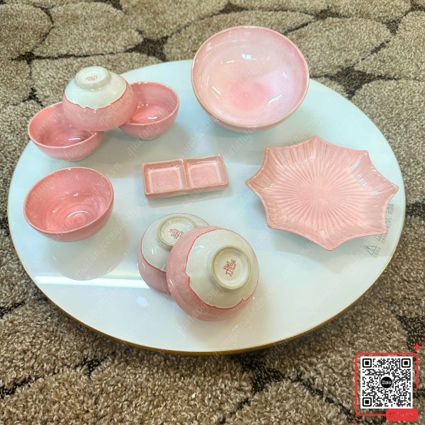 Bộ Bát Đĩa Quà Tặng 20/10 Cho Công Nhân 14 Set 9 món bát đĩa màu hồng men hỏa biến Bát Tràng