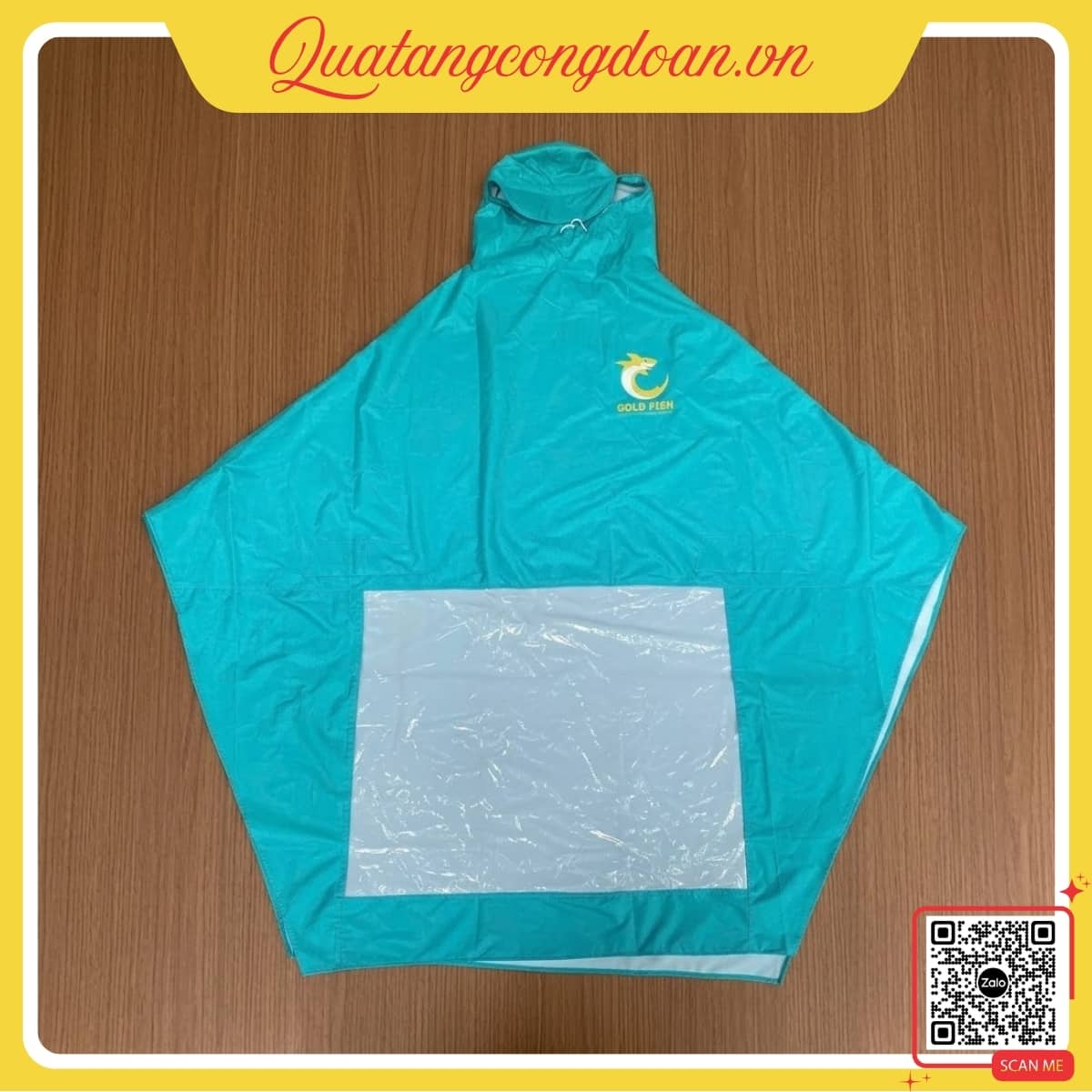 ao-mua-canh-doi-mau-xanh-ngoc-in-logo-gold-fish Áo mưa cánh dơi màu xanh ngọc in logo Gold Fish làm quà tặng quảng cáo doanh nghiệp