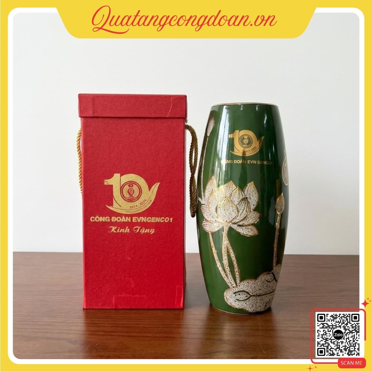binh-hoa-su-10-nam-thanh-lap-cong-doan-evncenco1 Bình hoa sứ kỷ niệm 10 năm thành lập Công đoàn EVNCENCO1, men xanh lục bảo, họa tiết hoa sen, thiết kế sang trọng, phù hợp quà tặng lưu niệm ngành điện