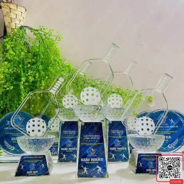 Cúp Phale Pickleball Kỷ Niệm 23 Năm Thành Lập Công Ty Đình Vũ Port 7 Cúp pha lê giải giao lưu Pickleball kỷ niệm 23 năm Đình Vũ Port, mẫu cúp cao cấp in logo doanh nghiệp, thiết kế hiện đại
