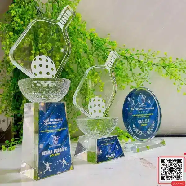 Cúp Phale Pickleball Kỷ Niệm 23 Năm Thành Lập Công Ty Đình Vũ Port 4 Cúp pha lê vinh danh vận động viên Pickleball Đình Vũ Port, thiết kế sang trọng, quà trao thưởng giải thể thao kỷ niệm 23 năm thành lập