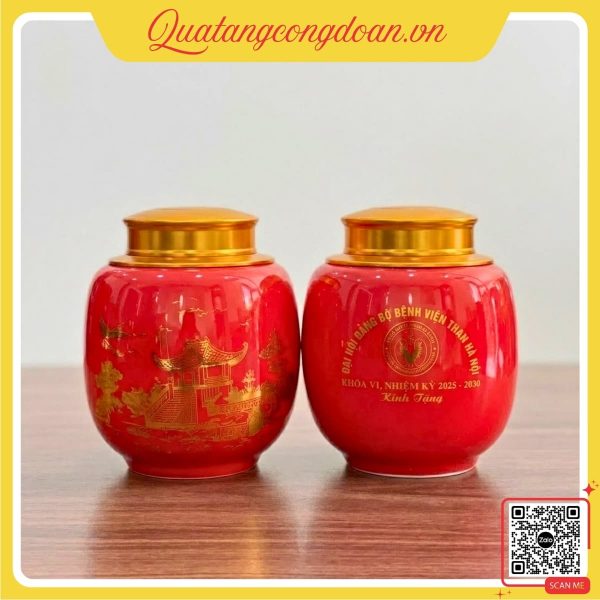 Hũ đựng trà sứ in logo Đại hội Đảng bộ Bệnh viện Thận Hà Nội, thiết kế cao cấp, phù hợp quà tặng đại biểu, cán bộ và khách mời sự kiện