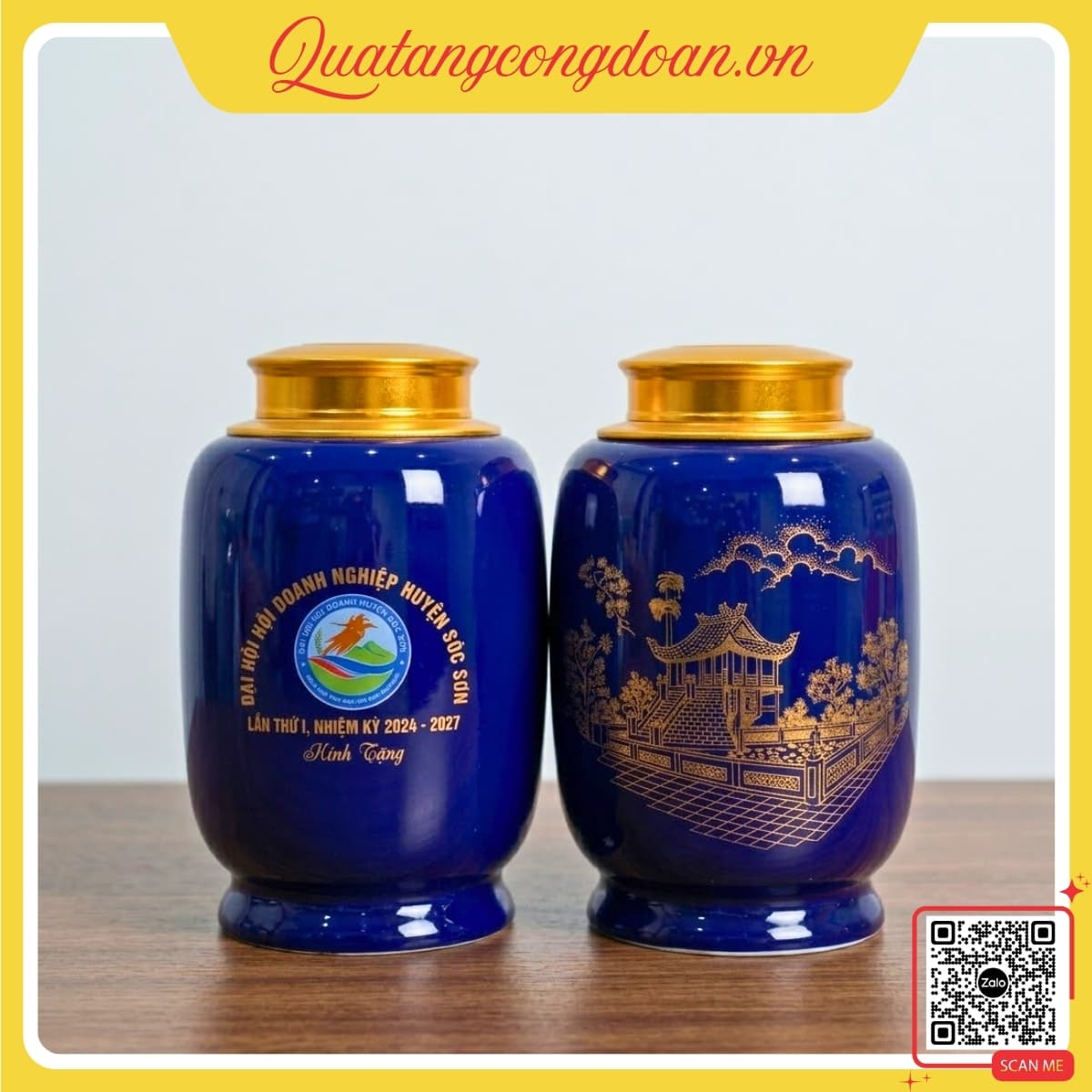 hu-tra-bat-trang-xanh-cobalt-logo-hoi-doanh-nghiep-soc-son-chua-mot-cot Hũ trà gốm Bát Tràng xanh cobalt in logo Hội Doanh nghiệp Sóc Sơn, họa tiết Chùa Một Cột, thiết kế cao cấp, phù hợp quà tặng đại hội doanh nghiệp