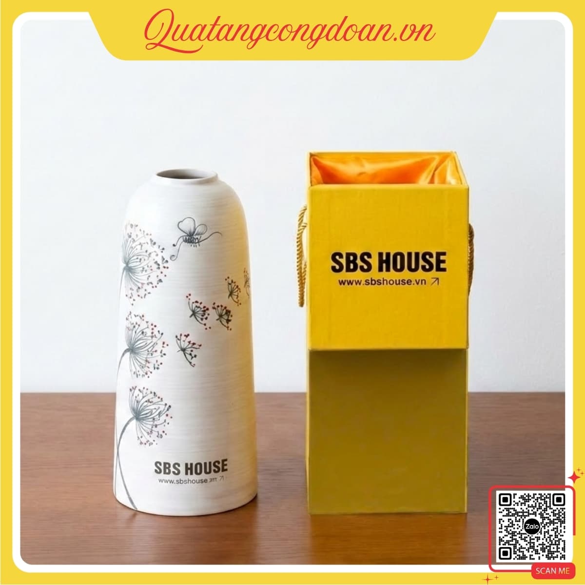 lo-hoa-gom-bat-trang-in-logo-sbs-house Lọ hoa gốm Bát Tràng in logo SBS House, họa tiết hoa bồ công anh, thiết kế sang trọng, tinh tế, phù hợp quà tặng doanh nghiệp và tri ân đối tác