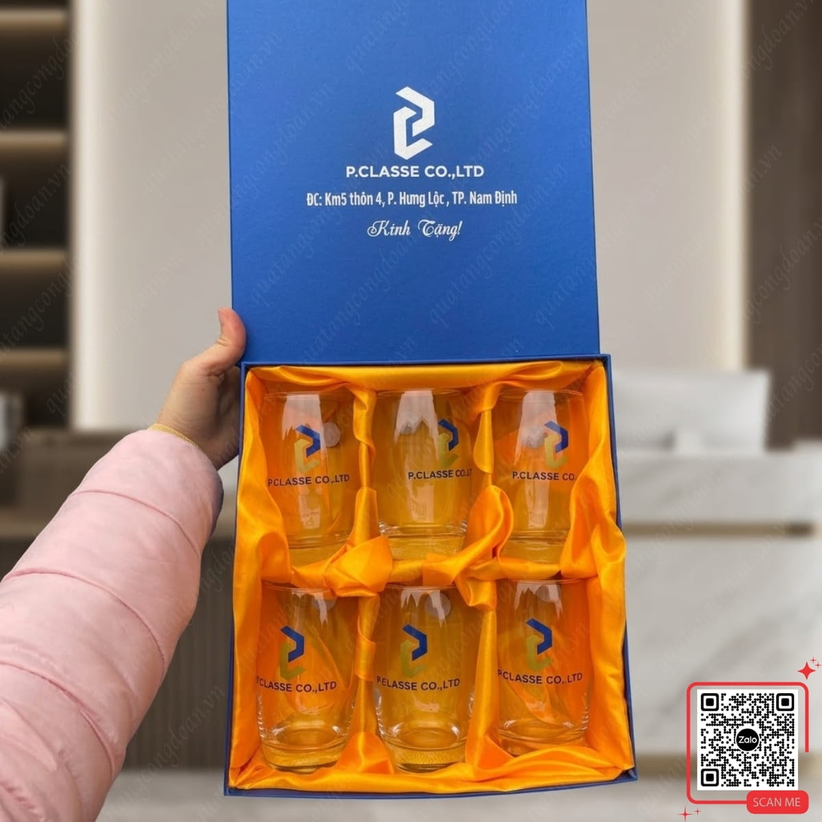 Bộ 6 cốc thủy tinh dáng cao quà tặng in logo P.Classe