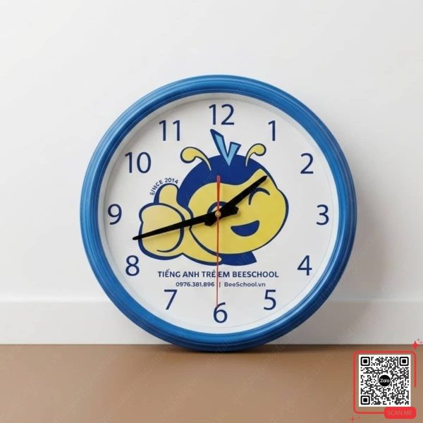 Đồng Hồ Treo Tường Màu Xanh Dương In Mascot BeeSchool 3 Đồng hồ treo tường quà tặng Trung tâm Tiếng Anh BeeSchool